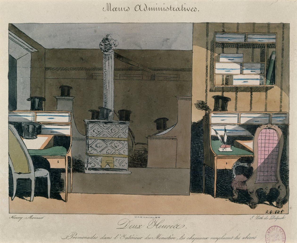 Kohtaus pariisilaisessa toimistossa lounastauon aikana, n. 1830 (värikaiverrus) tekijältä Henri Bonaventure Monnier