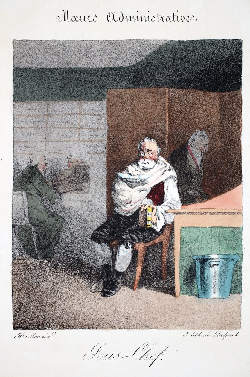 Sous-chef, kuvitus Henri Monnierin teoksesta Mores Administratives, Dessinées By Nature, litografia Delpech, pub. Pariisi, n. 1828 (käsinvärinen lito) tekijältä Henri Bonaventure Monnier