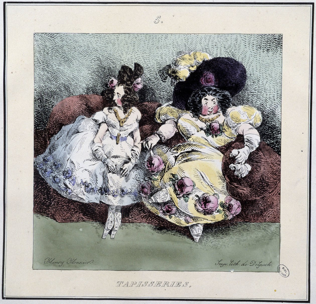 Rumia naisia, jotka tekevät "" kuvakudosta"" istuen olohuoneessa - Henri Monnierin "" Parisiennesissä", toim. Delpech, Pariisi tekijältä Henri Bonaventure Monnier