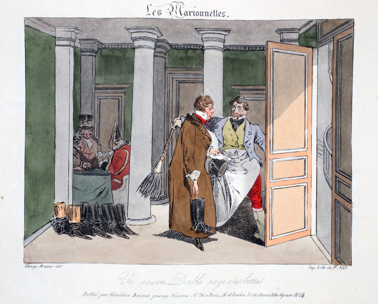 Paholainen köyhä maksaa saappaat, kuvitus Henri Monnierin teoksesta "Les Marionnettes", litografia Delpech, pubi. Pariisi, n. 1828 (käsinvärinen lito) tekijältä Henri Bonaventure Monnier