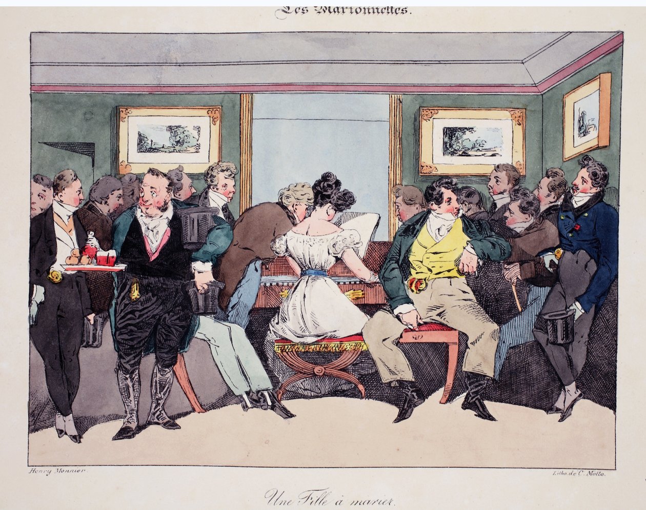 Une fille a marier, kuvitus Henri Monnierin Les Marionnettesista, litografia Delpech, pub. Pariisi, n. 1828 (käsinvärinen lito) tekijältä Henri Bonaventure Monnier
