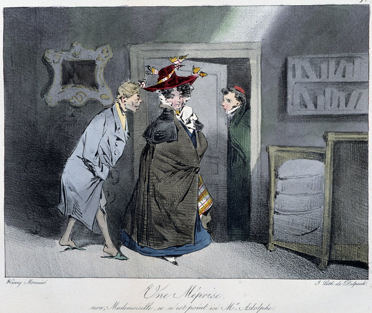 Väärinkäsitys: "" Ei, neiti, se ei ole täällä, monsieur Rodolphe"" - Henri Monnierin "" Parisian luonnoksissa"", toim. Delpech, Pariisi tekijältä Henri Bonaventure Monnier