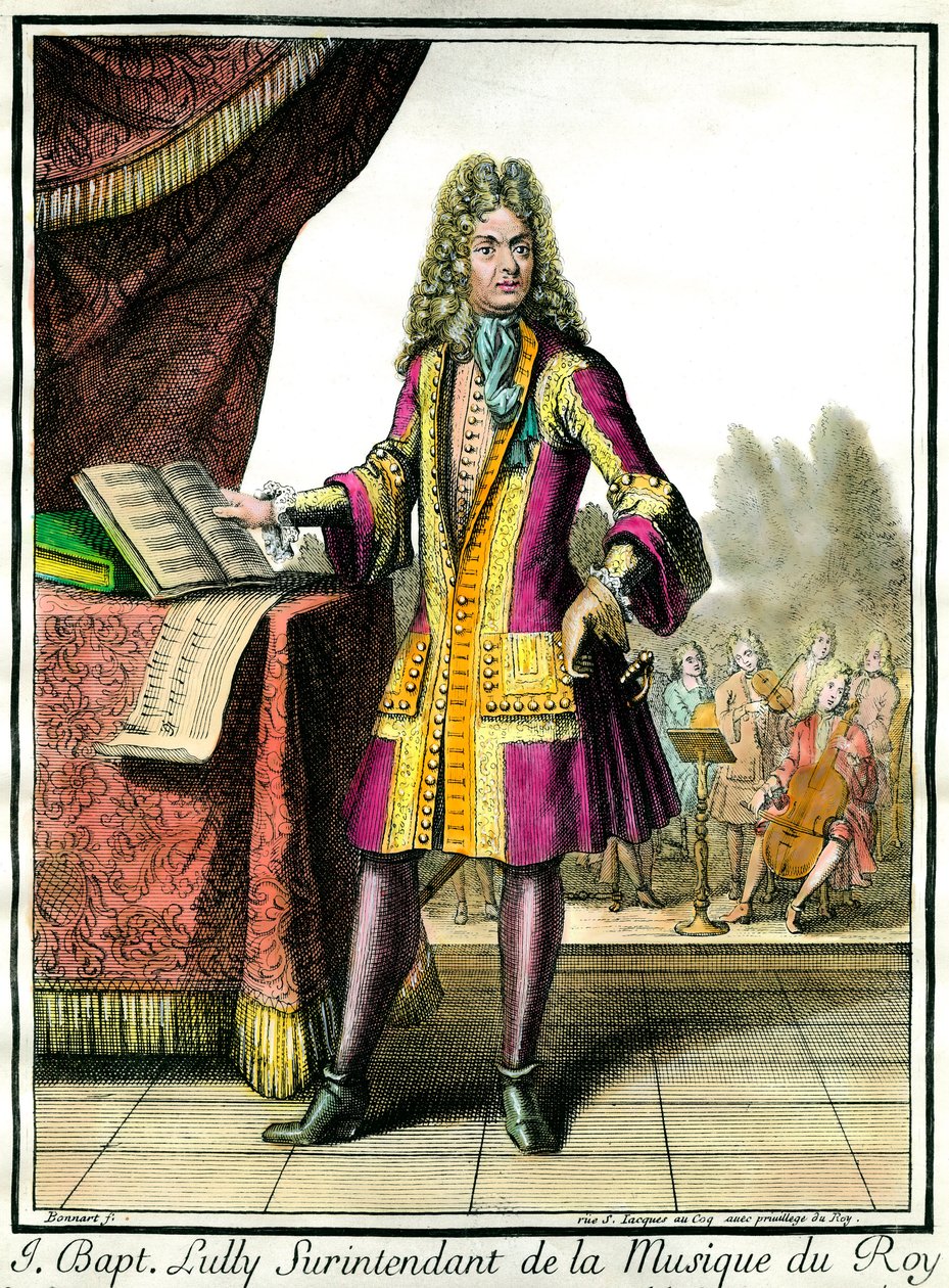 Jean Baptiste Lullyn (Giovanni Battista Lulli) (1632-1687) muotokuva jalassa. Kuninkaan musiikin superintendentti Henri Bonnartin kaiverrus (1642-1711) tekijältä Henri Bonnart