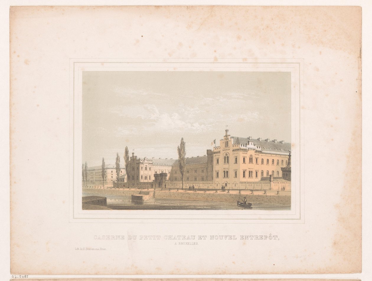 Näkymä Klein Kasteeltjen kasarmista ja uudesta varastosta Brysselissä Caserne du petit chateau et nouvel entrepôt, Bruxelles (otsikko esineessä) tekijältä Henri Borremans (attributed to)