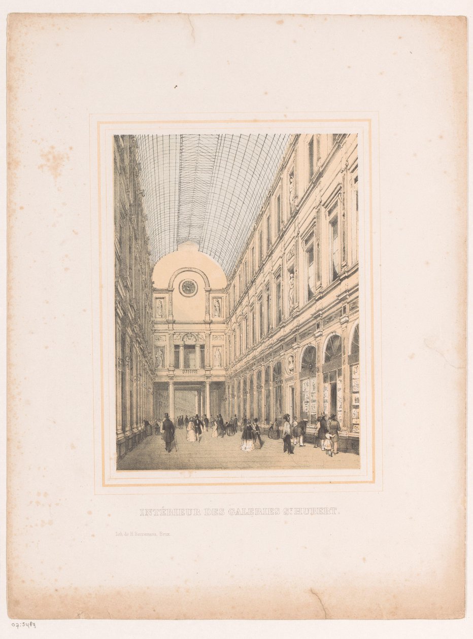 Kuninkaallisten gallerioiden Saint-Hubertin sisustus Brysselissä Intérieur des galeries St. Hubert (otsikko esineessä) tekijältä Henri Borremans (attributed to)