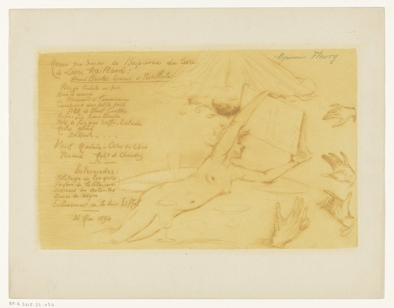 Illallismenu Leon Maillardin Henri Boutet engraver et pastelliste -kirjan julkaisun kunniaksi tekijältä Henri Boutet