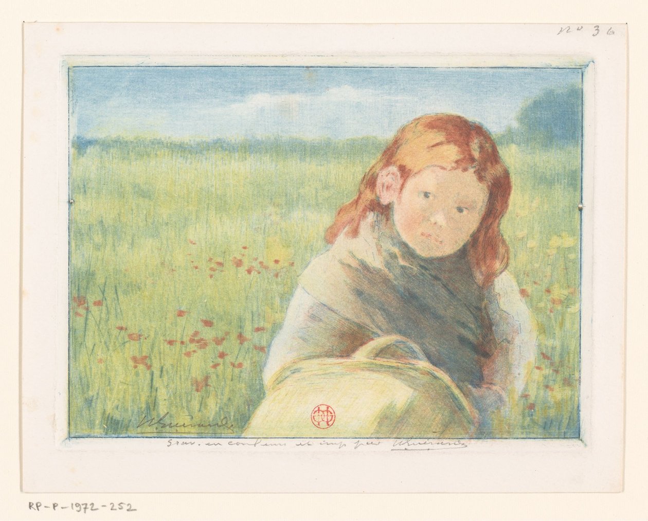 Tyttö korin kanssa kukkaniityllä tekijältä Henri Charles Guérard (signed by artist)