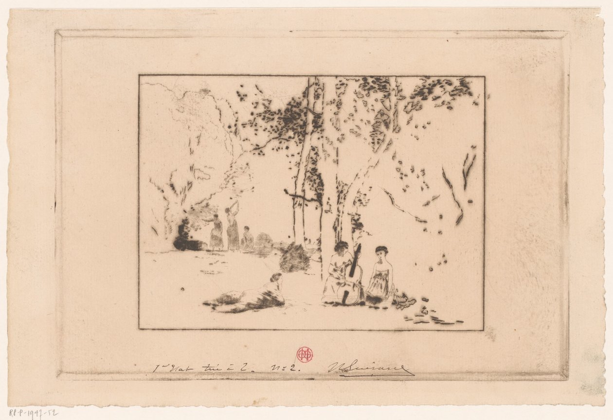 Naiset tekevät musiikkia puun alla tekijältä Henri Charles Guérard (signed by artist)