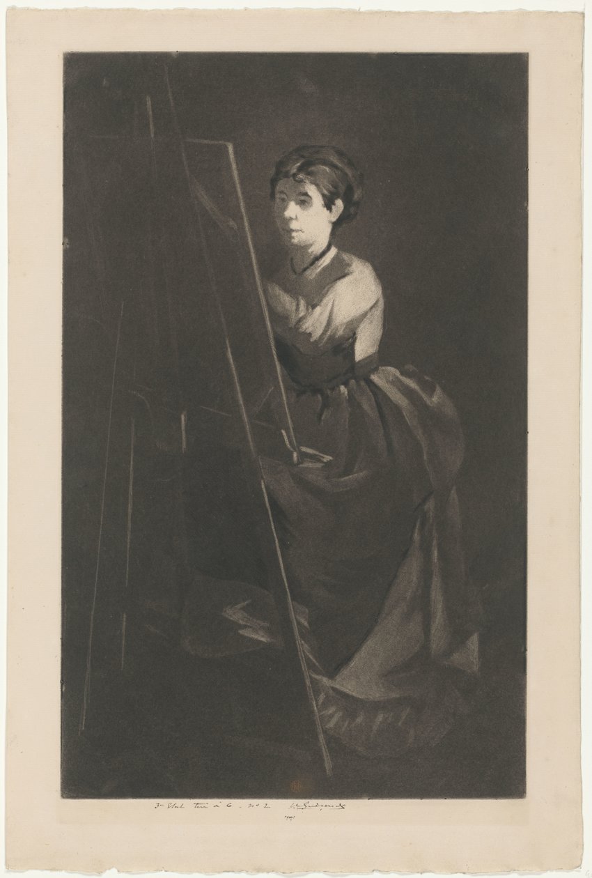 Eva Gonzalèsin muotokuva maalaustelineen edessä tekijältä Henri Charles Guérard (signed by artist)