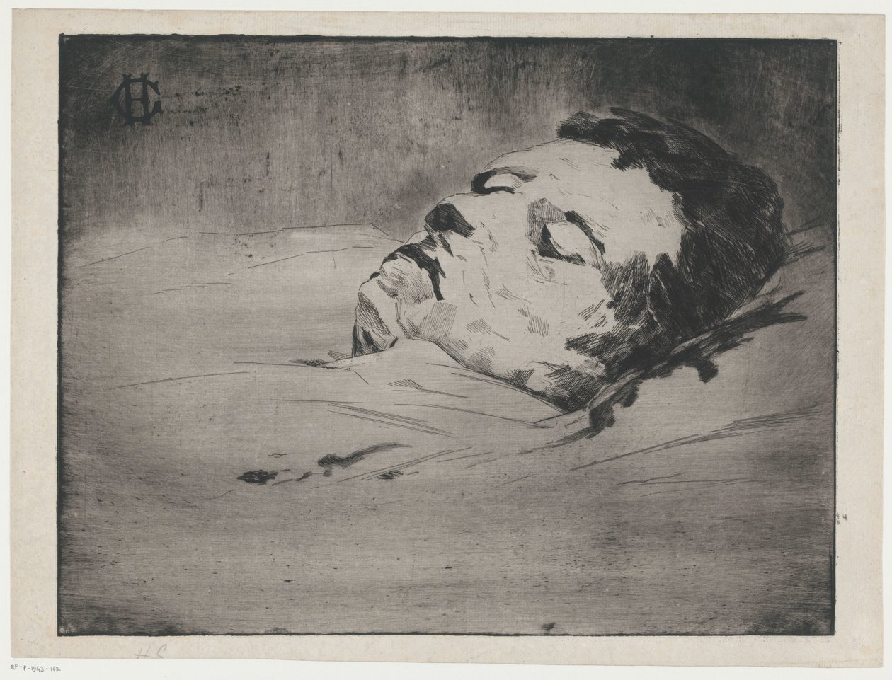 Muotokuva tuntemattomasta miehestä kuolinvuoteella tekijältä Henri Charles Guérard (signed by artist)