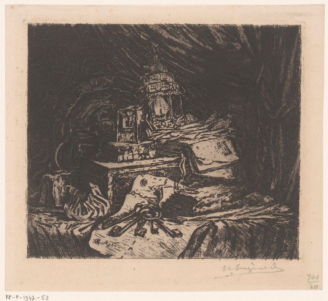 Asetelma avaimilla ja lyhtyllä tekijältä Henri Charles Guérard (signed by artist)