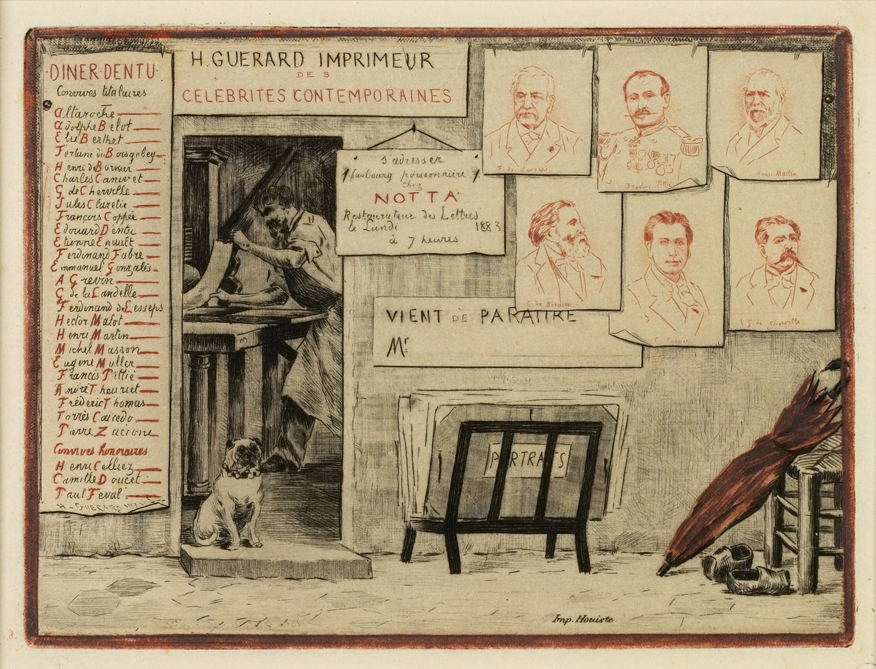 Herra de Lessepsin, Coppéen, kenraali Pittién, de Bornierin, Henri Martinin, Mis de Chervillen muotokuvia, 1883 (etsaus, kuivakärki) tekijältä Henri Charles Guérard