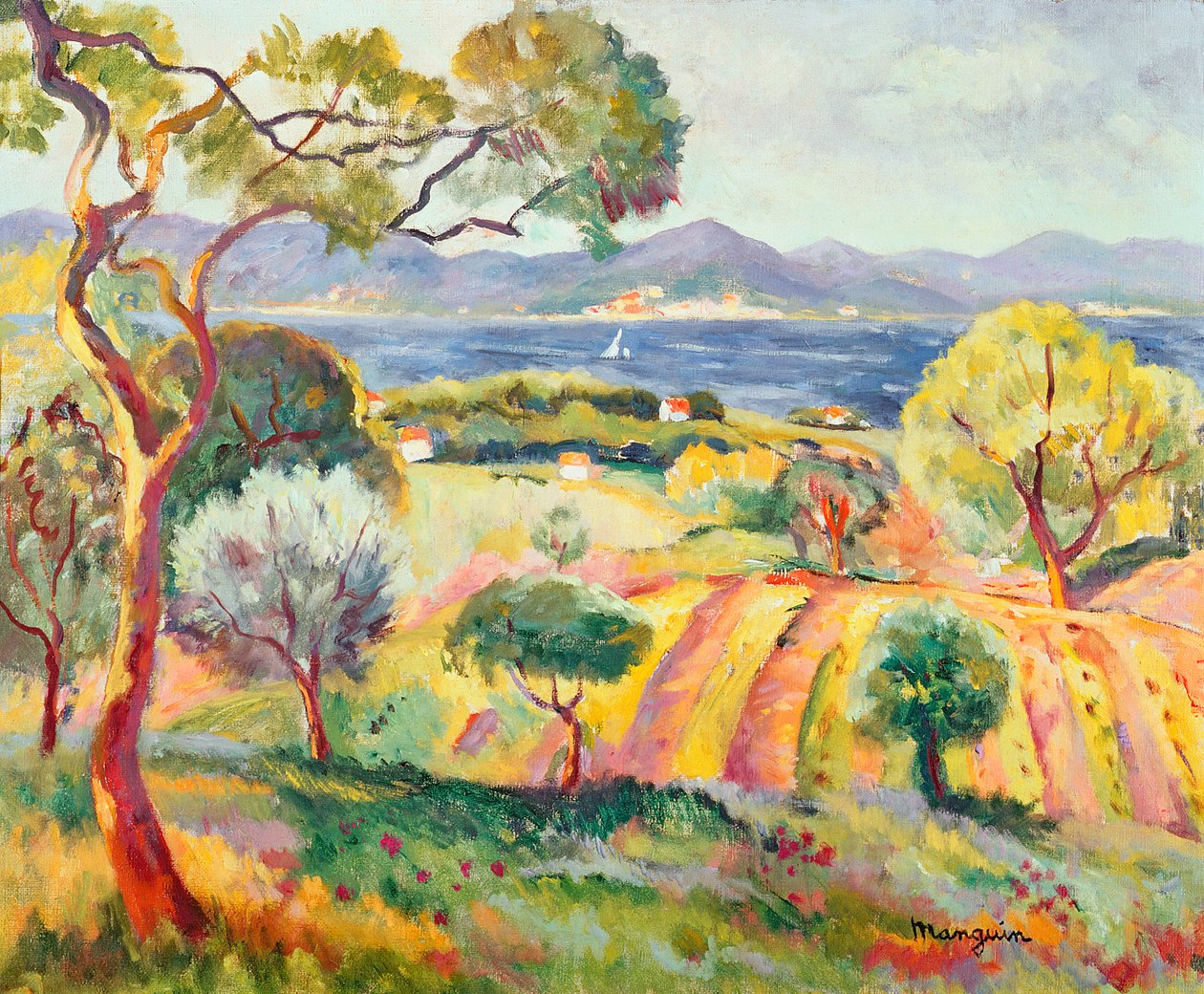 St. Tropezin lahti, n. 1918 (öljy kankaalle) tekijältä Henri Charles Manguin