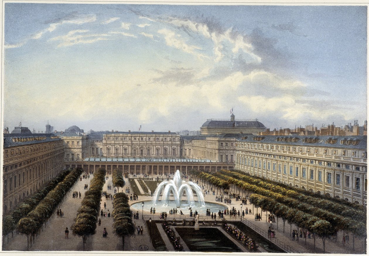 Jardin du Palais-Royal, noin 1820 Courvoisier 1827:n ""Views of Paris" -kirjassa tekijältä Henri Courvoisier Voisin