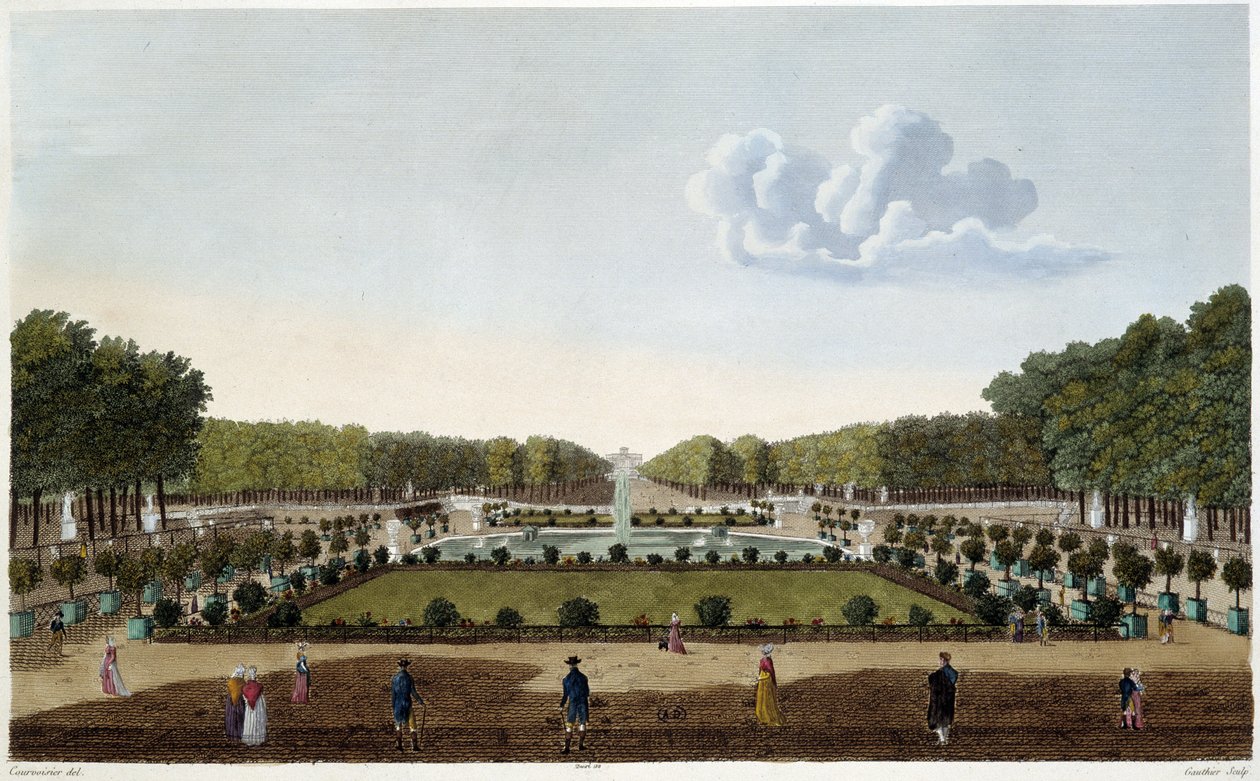 Jardin du Luxembourg palatsin terassilta katsottuna. Kaiverrus Courvoisier tekijältä Henri Courvoisier Voisin