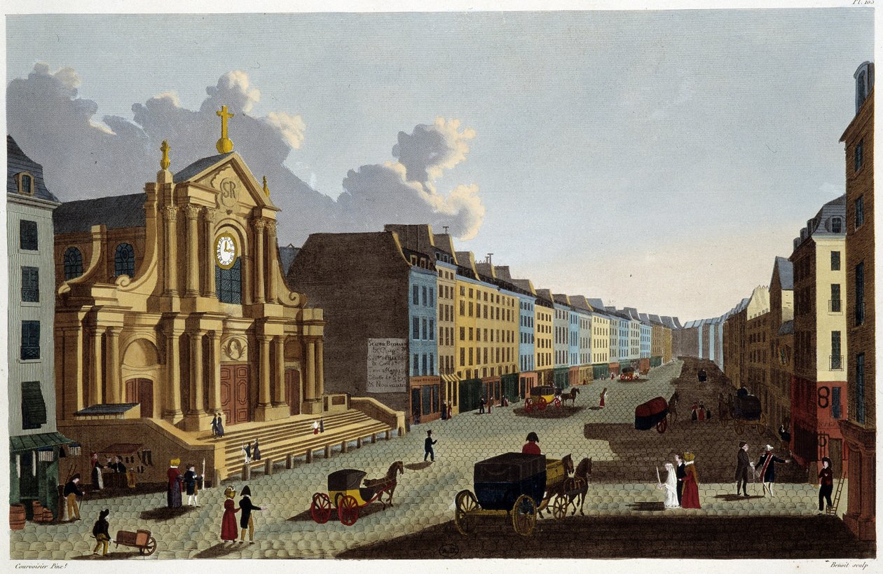 Saint-Rochin kirkko, noin 1820 - Courvoisierin "Näkymät Pariisiin" tekijältä Henri Courvoisier Voisin