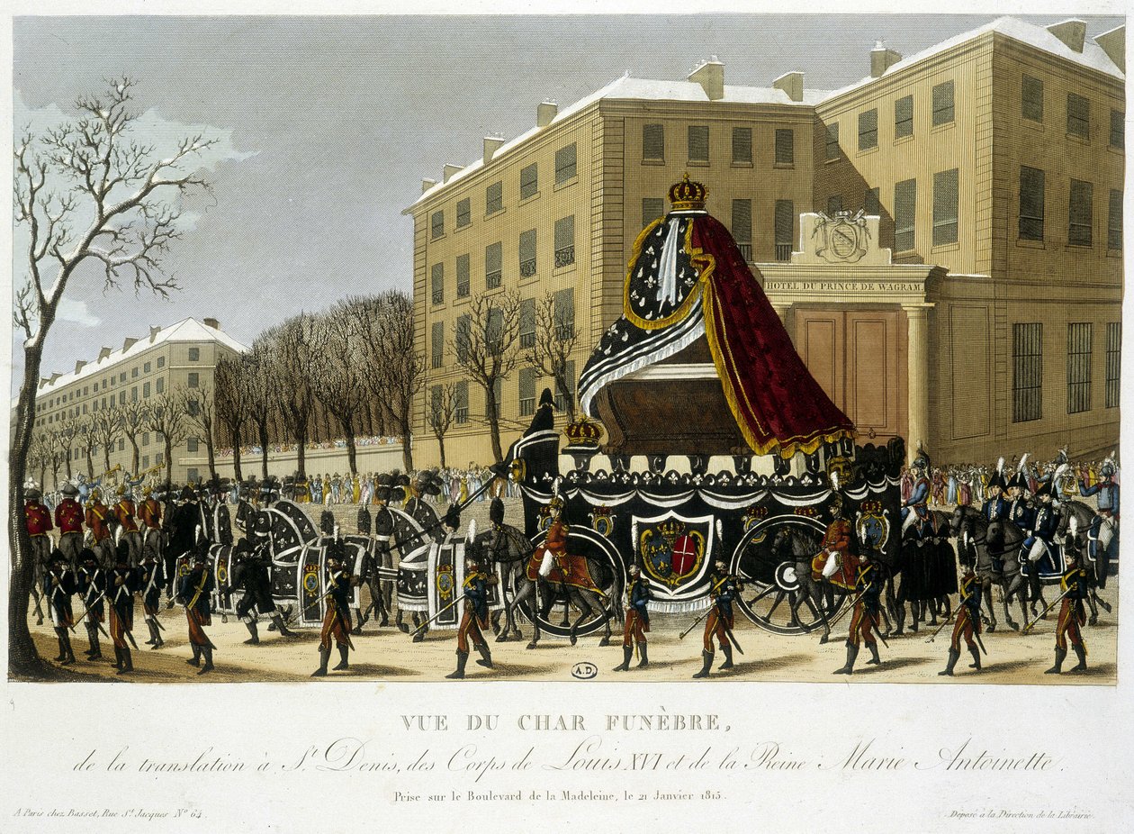 Ludvig XVI:n ja Marie Antoinetten käännöksen Saint Denisille hautausvaunut 21. tammikuuta tekijältä Henri Courvoisier Voisin