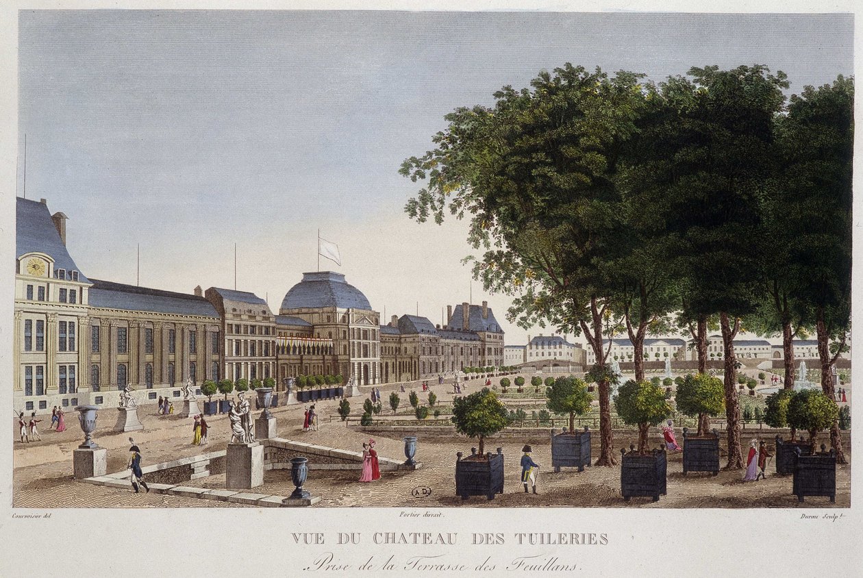 Puutarha ja Chateau des Tuileries nähtynä Les Feuillansin terassilta. Kaiverrus Courvoisier tekijältä Henri Courvoisier Voisin