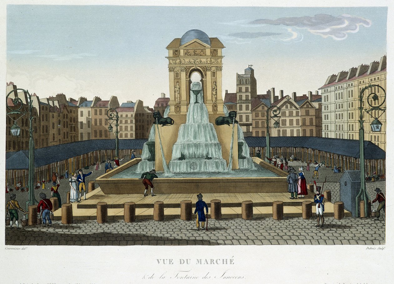 The Fountain of Innocents, noin 1820 - Courvoisier 1827:n "Näkymät Pariisiin" tekijältä Henri Courvoisier Voisin