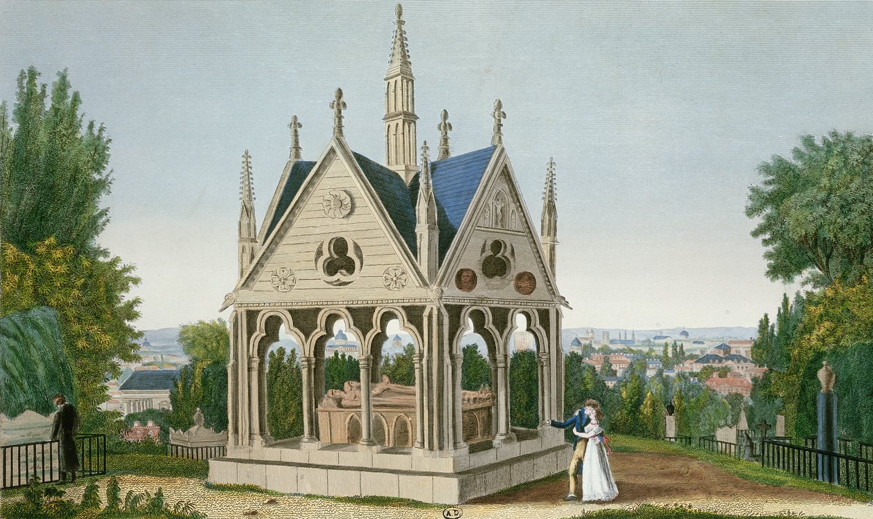 Heloisen ja Abelardin hauta Pere Lachaisen hautausmaalla, 1815-20 (värikaiverrus) tekijältä Henri Courvoisier Voisin