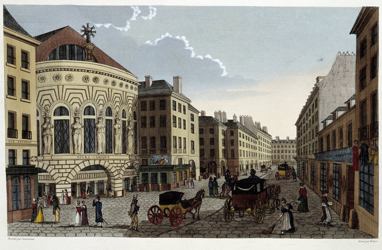 Theatre of the Opera Comique, noin 1820 Courvoisier 1827:n teoksessa "Näkymät Pariisiin" tekijältä Henri Courvoisier Voisin