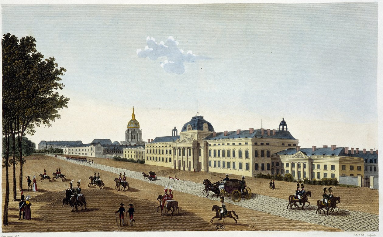 Näkymä sotakoulusta Champs de Marsin puolella, noin 1820 - "" Vues de Parisissa" Courvoisier tekijältä Henri Courvoisier Voisin