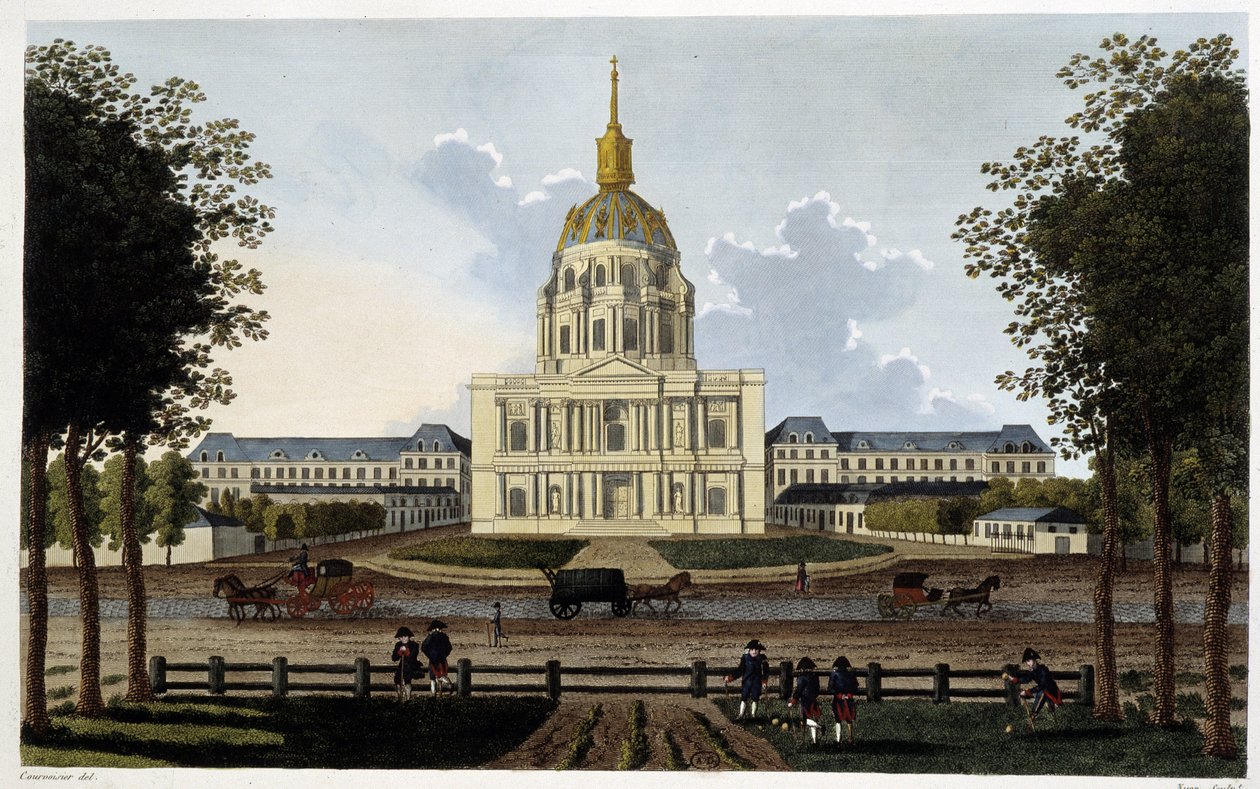 Näkymä Royal Hotel des Invalidesin kirkolle - Courvoisierin "" Vues de Paris" -osassa tekijältä Henri Courvoisier Voisin