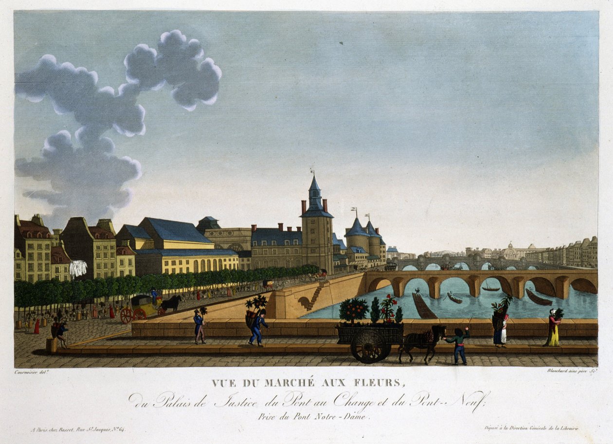 Näkymä kukkatorille, vaihtosillalle ja uudelle sillalle - Courvoisierin "" Vues de Paris" -osassa tekijältä Henri Courvoisier Voisin