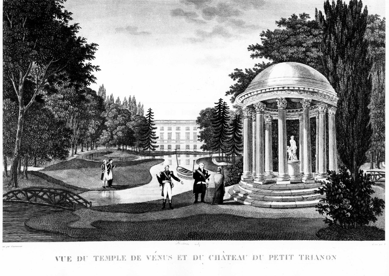 Näkymä Venuksen temppelistä ja Peer Trianonin linnasta Versaillesissa - piirros Courvoisier tekijältä Henri Courvoisier Voisin