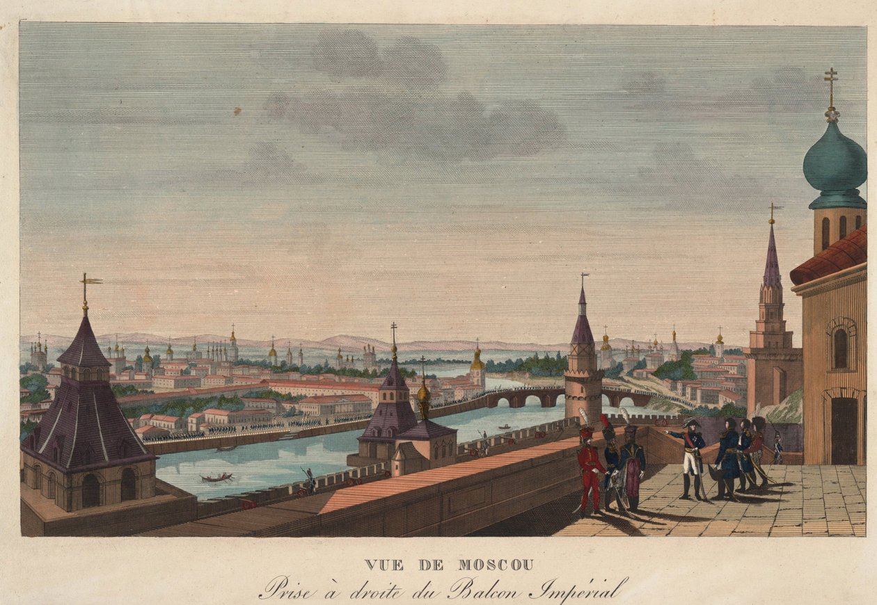 Näkymä Moskovaan Keisarillisen palatsin parvekkeelta, Venäjä"" (Moskovan näkymä Keisarillisen palatsin parvekkeelta) Henri Courvoisier-Voisinin (1757-1830) kaiverrus - 1812 Koko 40,7x55,6 cm Yksityiskokoelma tekijältä Henri Courvoisier Voisin