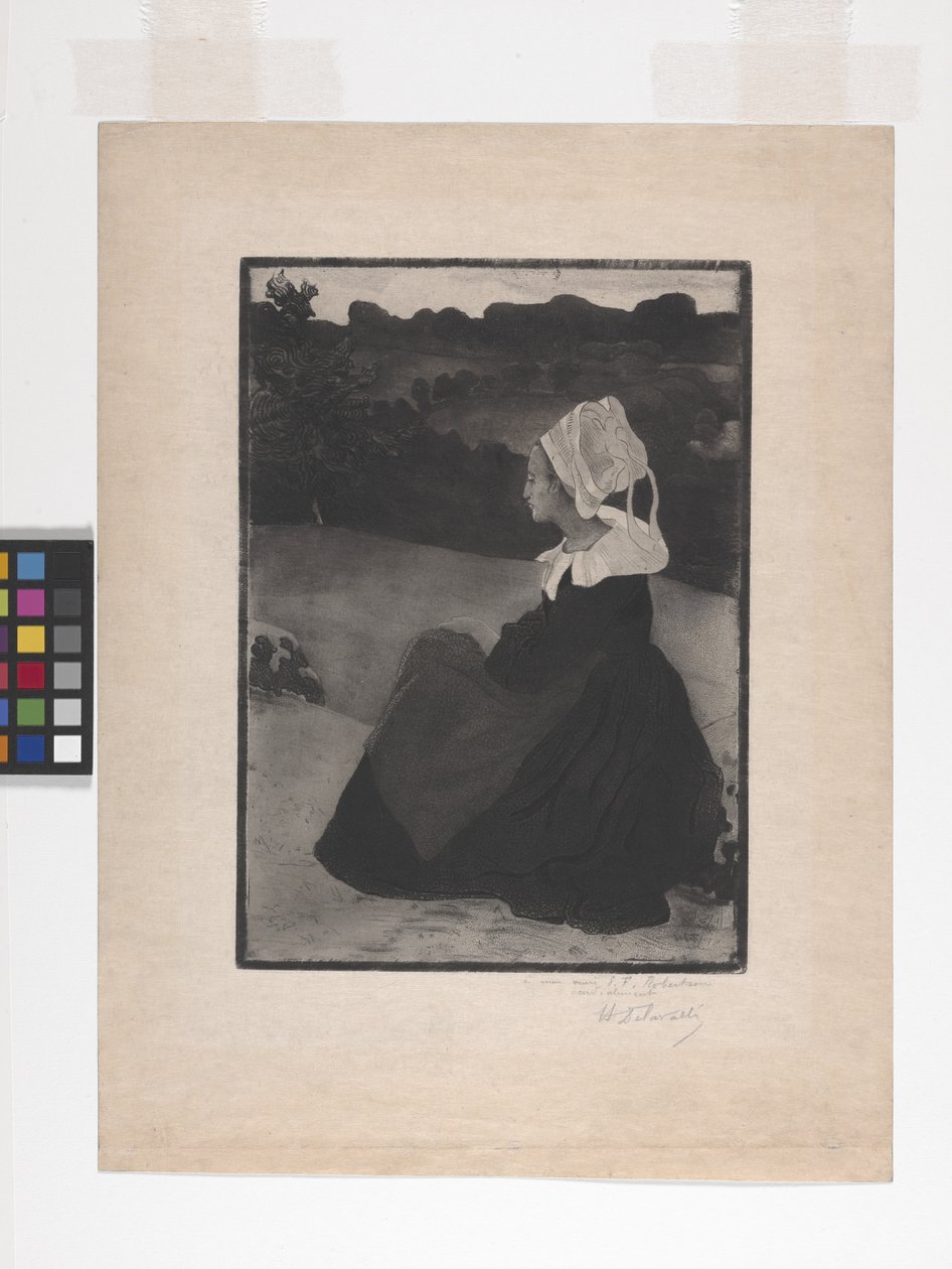Bretonne Assise (istuva Breton Woman) (etsaus, pehmeä jauhettu etsaus ja akvatinta) tekijältä Henri Delavallee