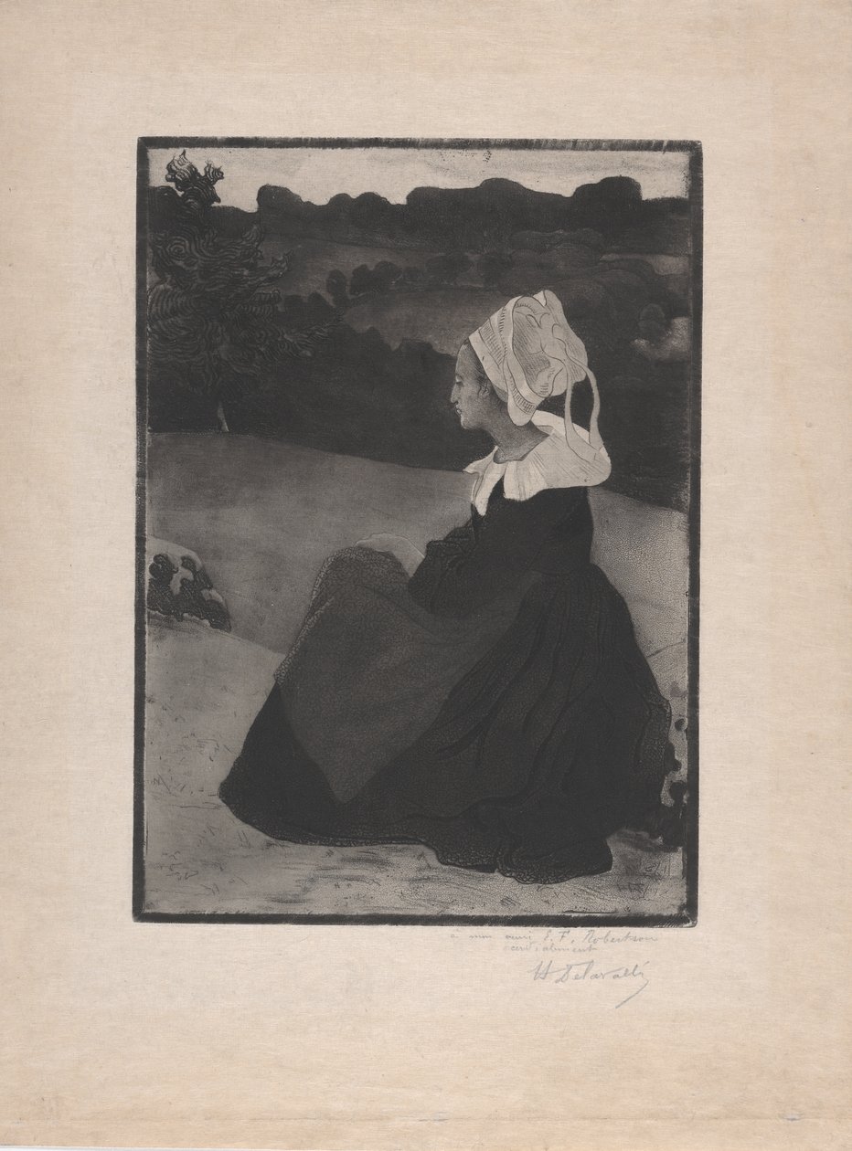 Bretonne assise (Istuva Breton Woman) n. 1893 (pehmeäpohjainen etsaus ja akvatinta) tekijältä Henri Delavallee