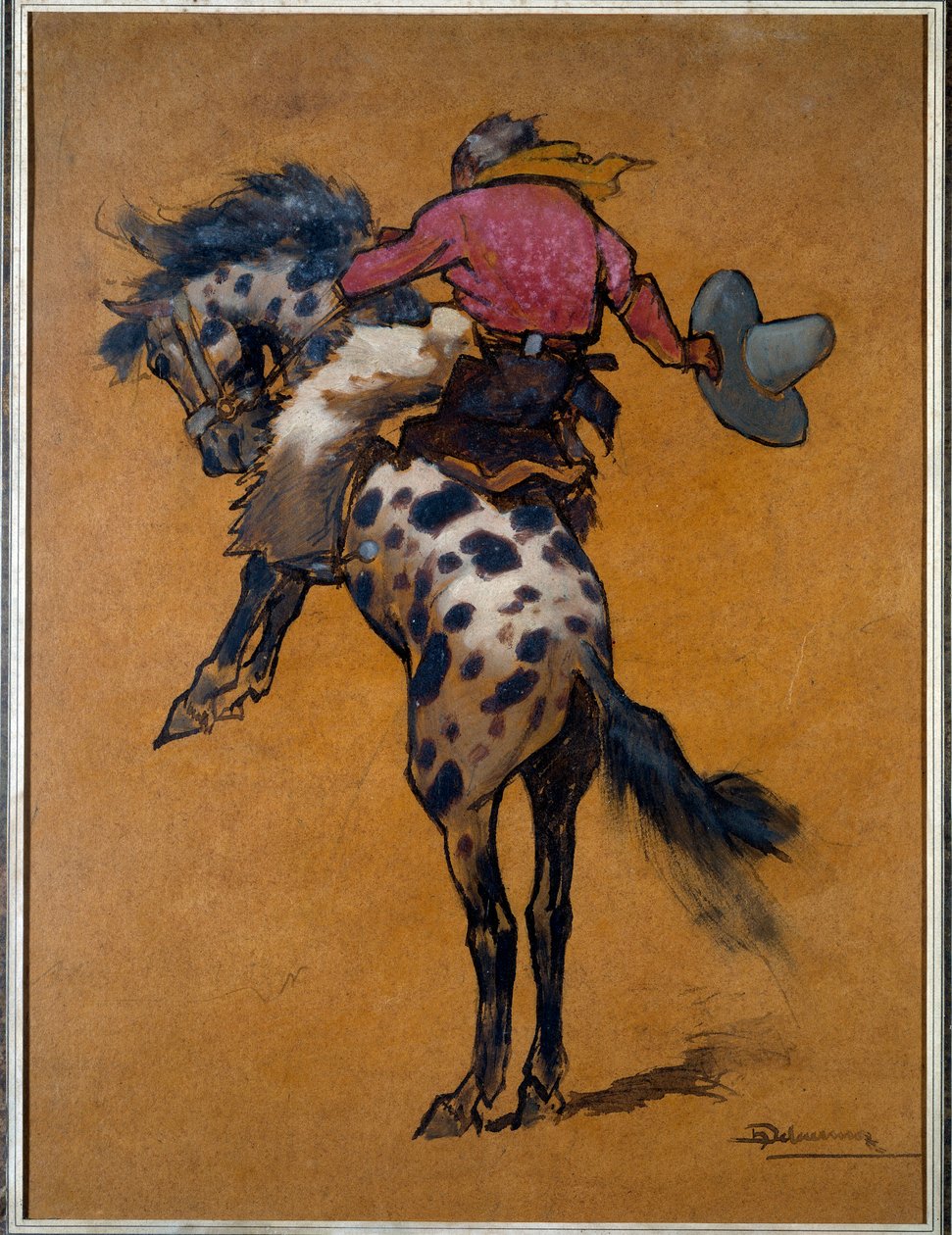 Rodeo: "" Cowboy hevosen bronco-takissa"" Piirustus Henri Deluermoz (1876-1943) 1900-luvun La Rochelle, New World Museum tekijältä Henri Deluermoz