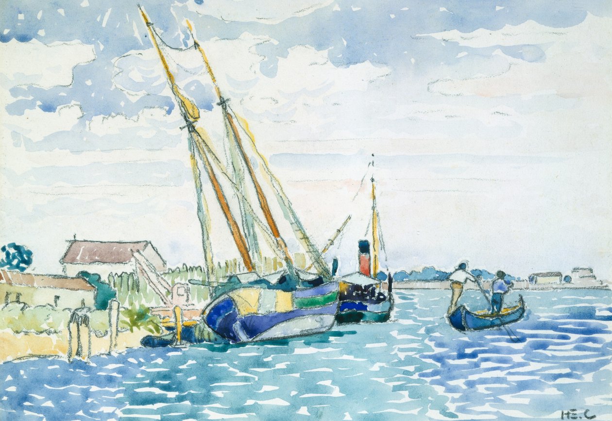Merikohtaus (veneitä Venetsian lähellä), 1903 (grafiitti valkoiselle paperimassapaperille, kuivamountattu raskaalle paperimassakartongille). tekijältä Henri Edmond Cross