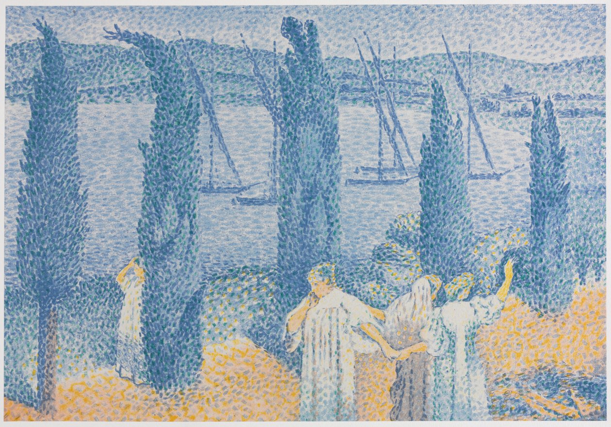Promenade maisema sypresseillä, La Promenade Paysage aux cyprès, 1897. tekijältä Henri Edmond Cross