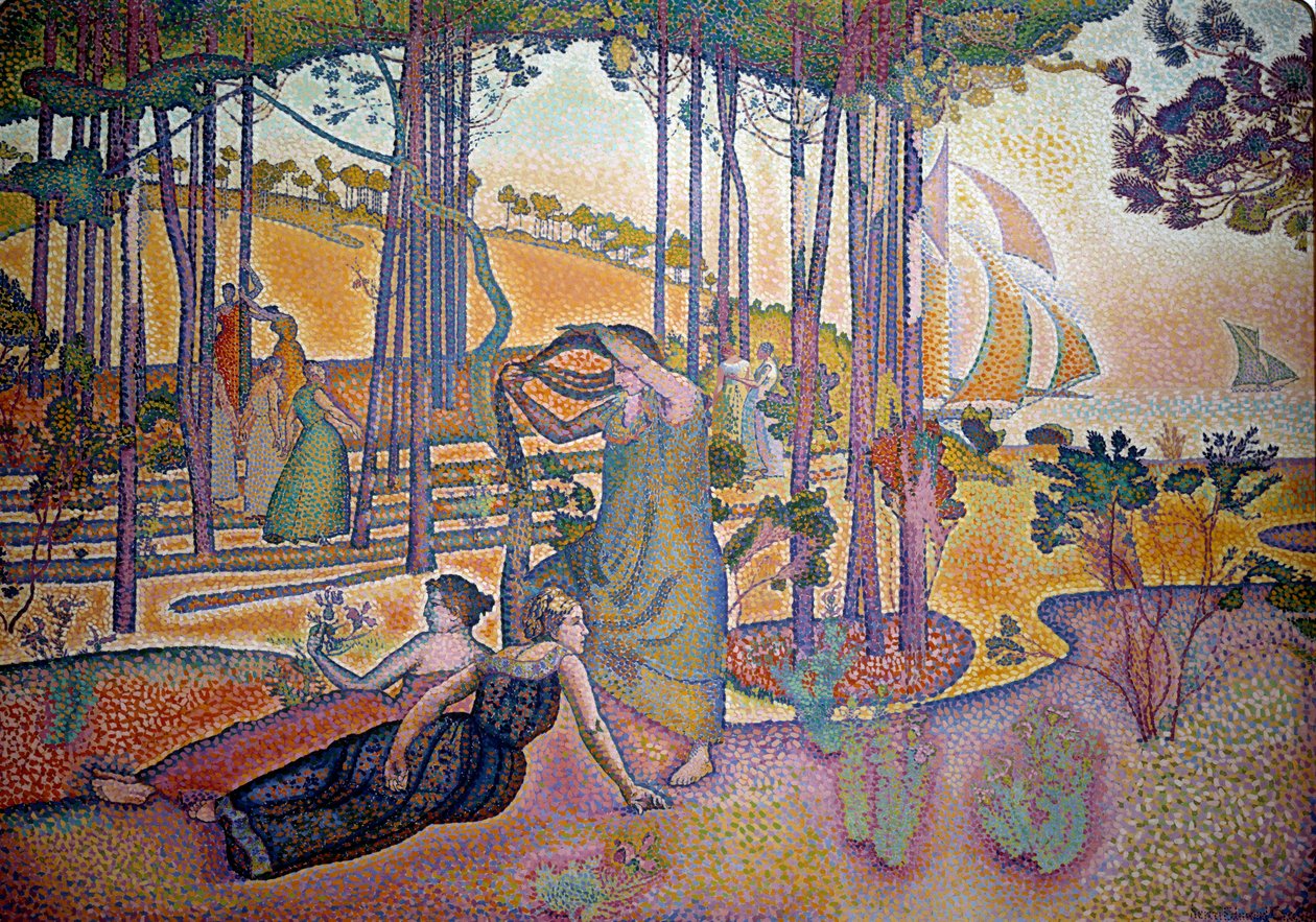 Illan ilmaa. Naisia ruohikolla metsän rannalla. Henri Delacroix Dit Crossin (Henri Edmond Cross) maalaus (1856-1910) tekijältä Henri Edmond Cross