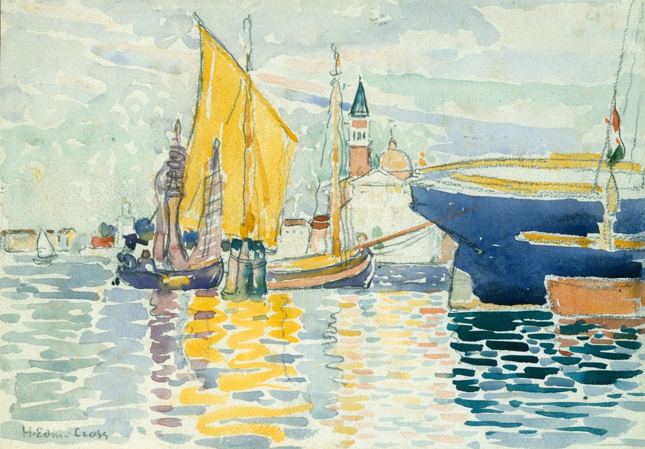 Venetsia-Giudecca, 1903 (wc, grafiitti ja hiili raskaalle, valkoiselle vellapaperille). tekijältä Henri Edmond Cross