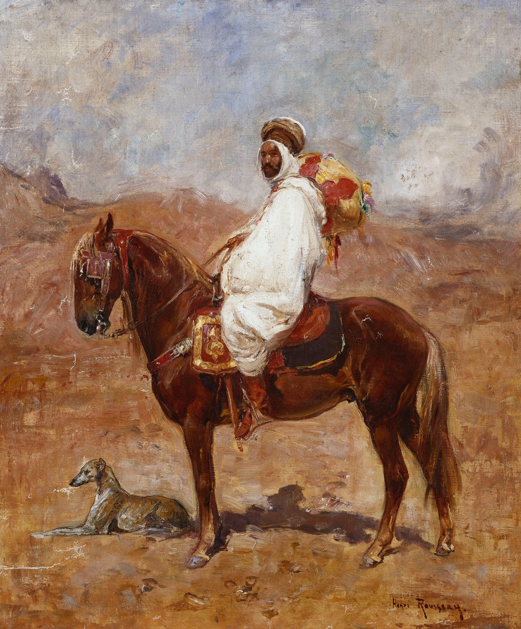 Arabi hevosen selässä aavikkomaisemassa tekijältä Henri Emilien Rousseau