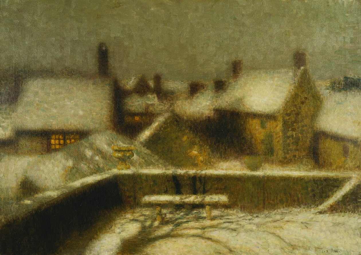 Gerberoy lumessa; Gerberoy Sous la Neige, n. 1900 (öljy kankaalle) tekijältä Henri Eugene Augustin Le Sidaner