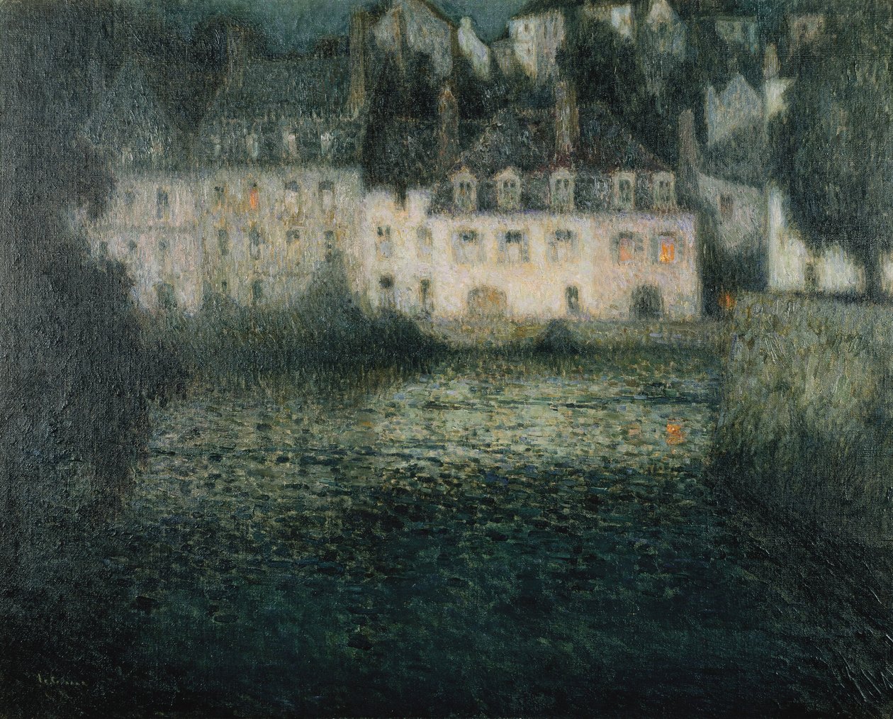 Talo joella kuunvalossa; Talo Moonlight Riverin varrella, Quimperle tekijältä Henri Eugene Augustin Le Sidaner