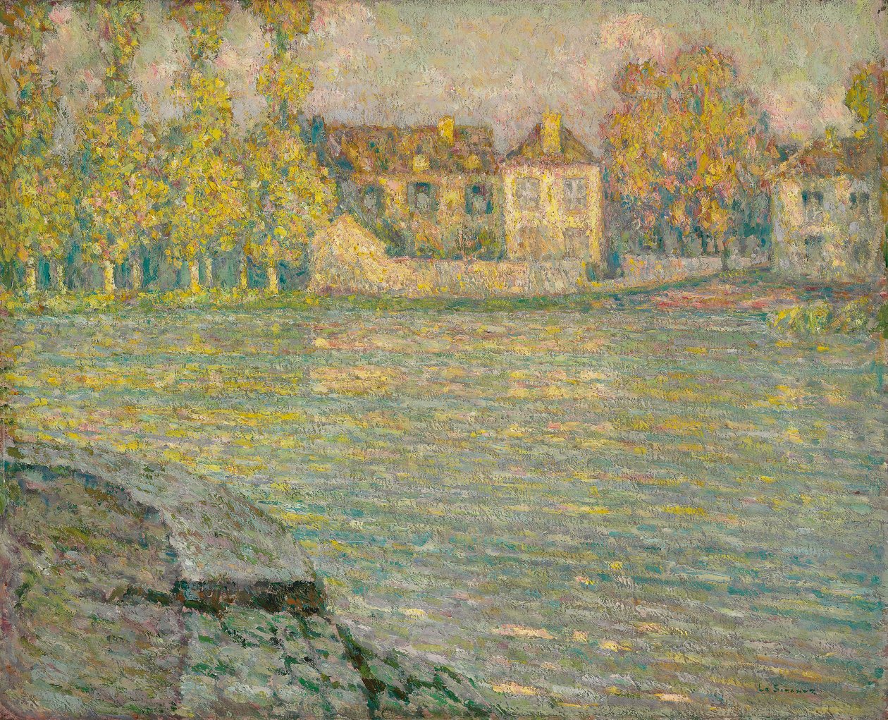 Talot joen rannalla Sunsetissa, Moretissa; Taloja joella auringonlaskun aikaan, Moret tekijältä Henri Eugene Augustin Le Sidaner