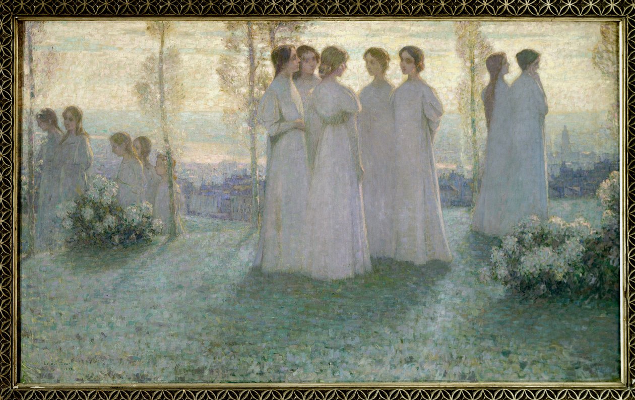 Sunnuntaina valkoisiin pukeutunut nainen puhuu puutarhassa - Henri Eugene (Henri-Eugene) Le Sidaner (1862-1939) maalaus tekijältä Henri Eugene Augustin Le Sidaner