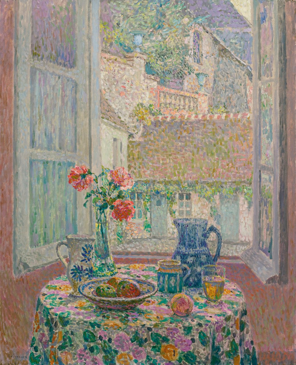 Pöytä näköalalla sisäpihalle - Henri Le Sidanerin (1862-1939) maalaus tekijältä Henri Eugene Augustin Le Sidaner