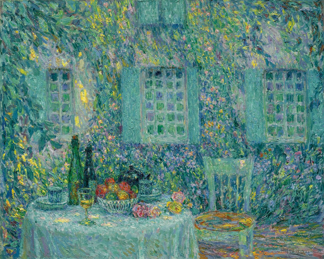Pöytä. Aurinko lehdillä, Gerberoy - Peinture de Le Sidaner, Henri (1862-1939) tekijältä Henri Eugene Augustin Le Sidaner