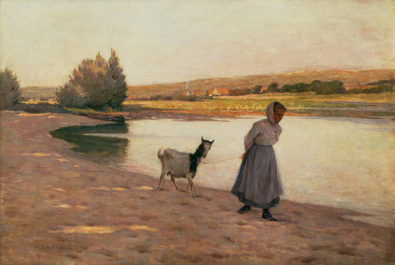 Nainen vetää vuohia tekijältä Henri Eugene Augustin Le Sidaner