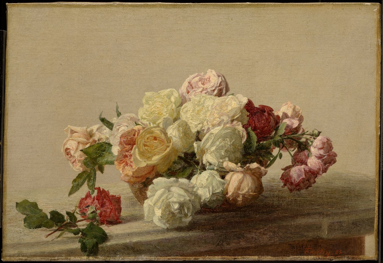 Ruusuja kulhossa marmoripöydällä tekijältä Henri Fantin-Latour