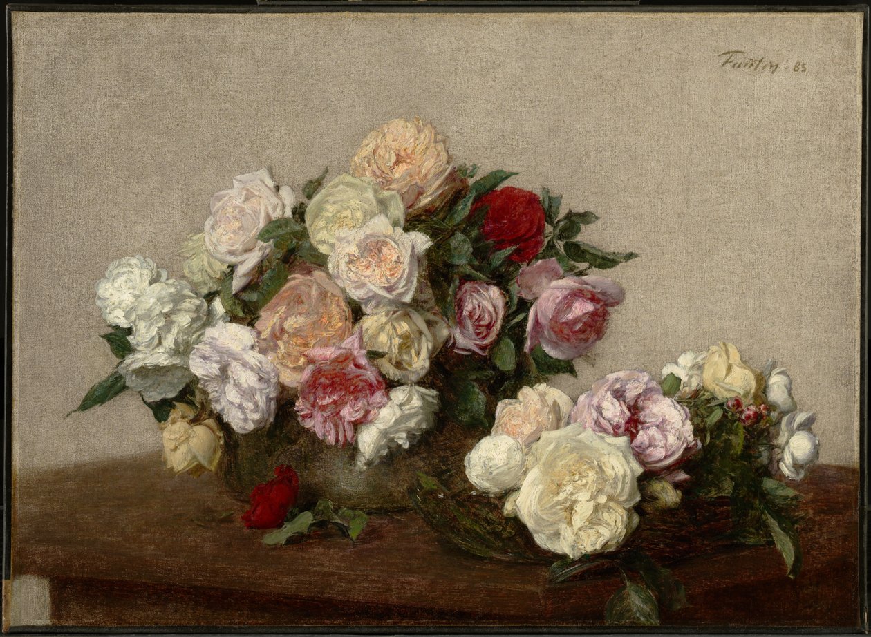 Ruusuja kulhossa ja lautasella tekijältä Henri Fantin-Latour