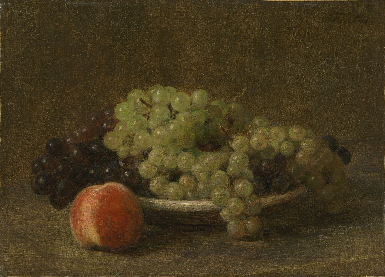 Asetelma, jossa on viinirypäleitä ja persikka tekijältä Henri Fantin-Latour