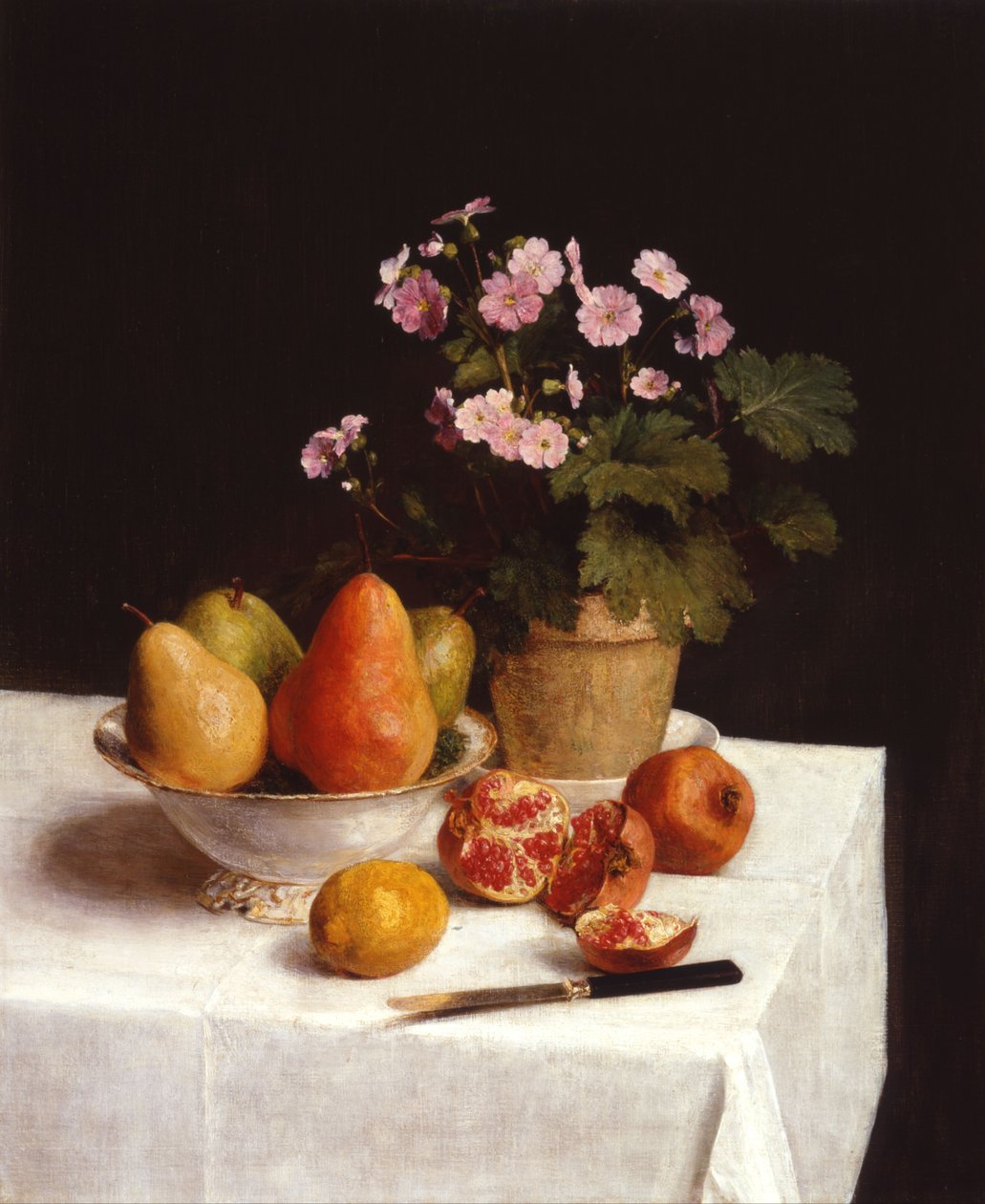 Nature morte (primrokset, päärynät ja granaattiomenat) Still life (primrokset, päärynät ja granaattiomenat) tekijältä Henri Fantin-Latour