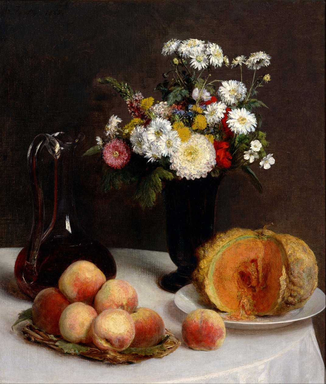Asetelma, jossa on kukkia, hedelmiä ja viiniastioita. tekijältä Henri Fantin Latour